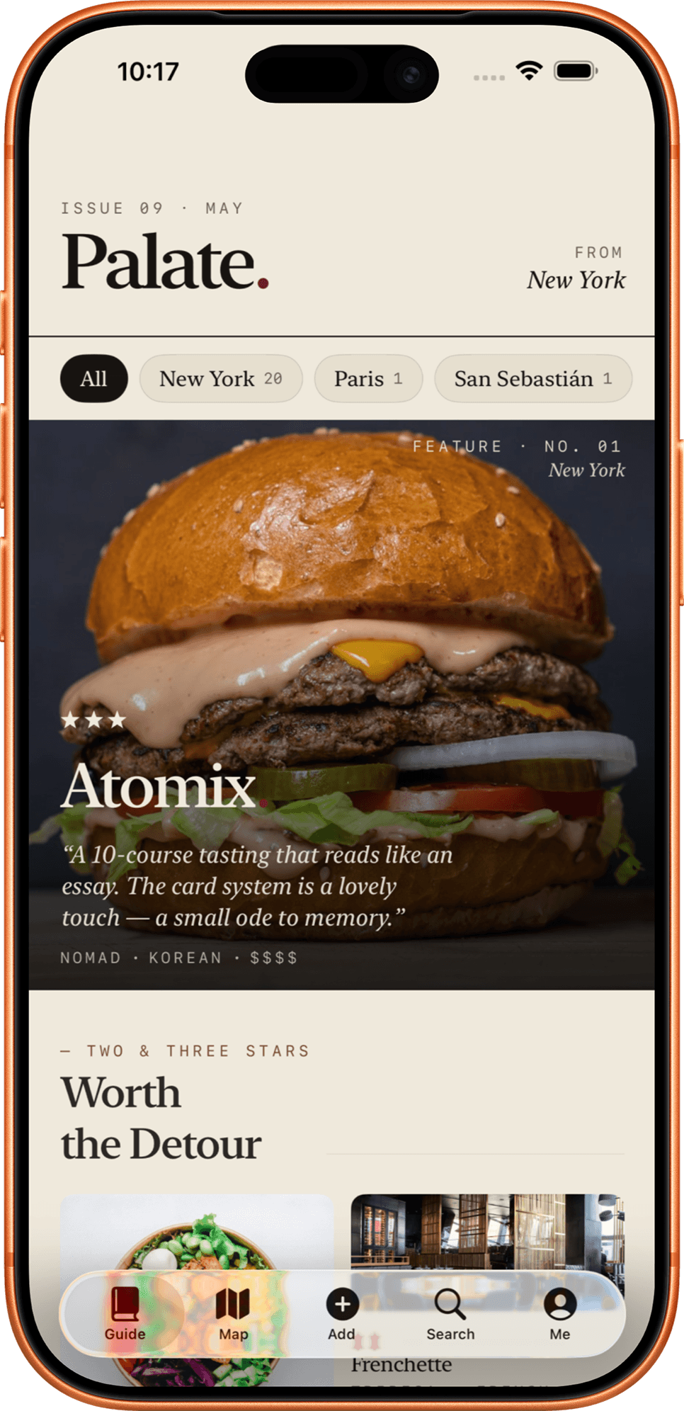 The Palate app open to the Guide: a masthead, a featured starred restaurant, city filters, and a Worth the Detour section.