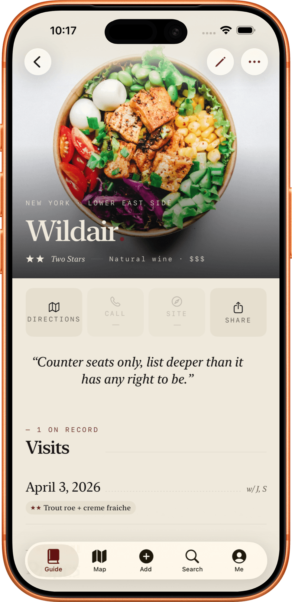 A Palate restaurant record for Wildair, marked Two Stars, with directions, a saved note, and a visit logged on April 3, 2026.