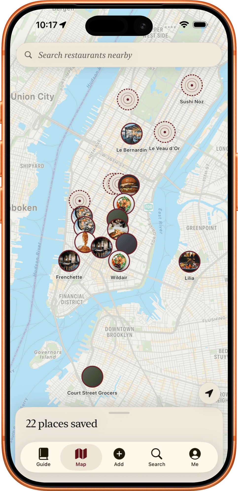 The Palate map of New York with twenty-two saved places, each pin a small photo ringed in burgundy, solid rings for visited and dashed for watching.