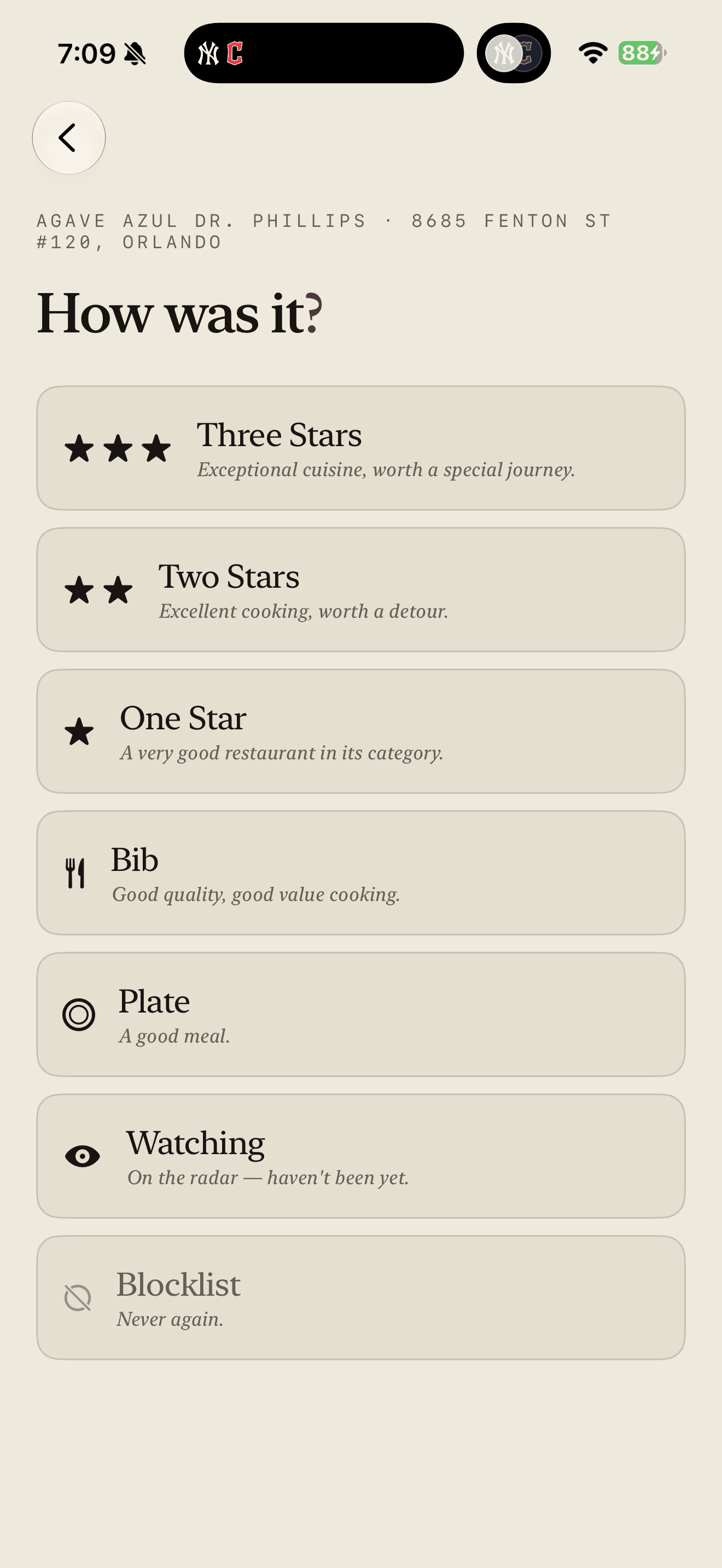 The Palate add-a-meal screen for Agave Azul, choosing a tier from Three Stars to Blocklist.