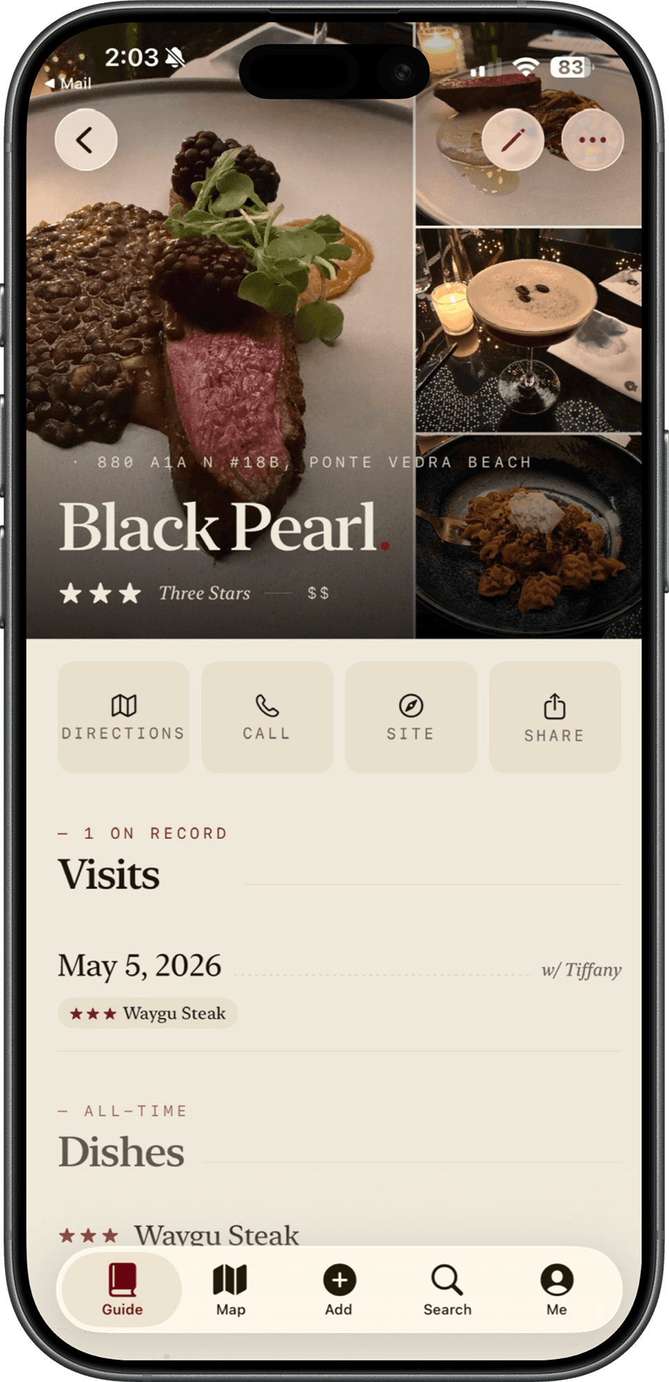 A Palate restaurant page for Black Pearl, a photo grid, quick actions, and a record of visits and dishes.
